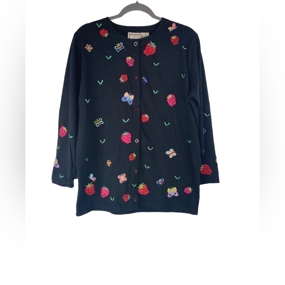 Michael Simon Lite Embroidered Beaded Strawberries Black Buttondown Top Size M